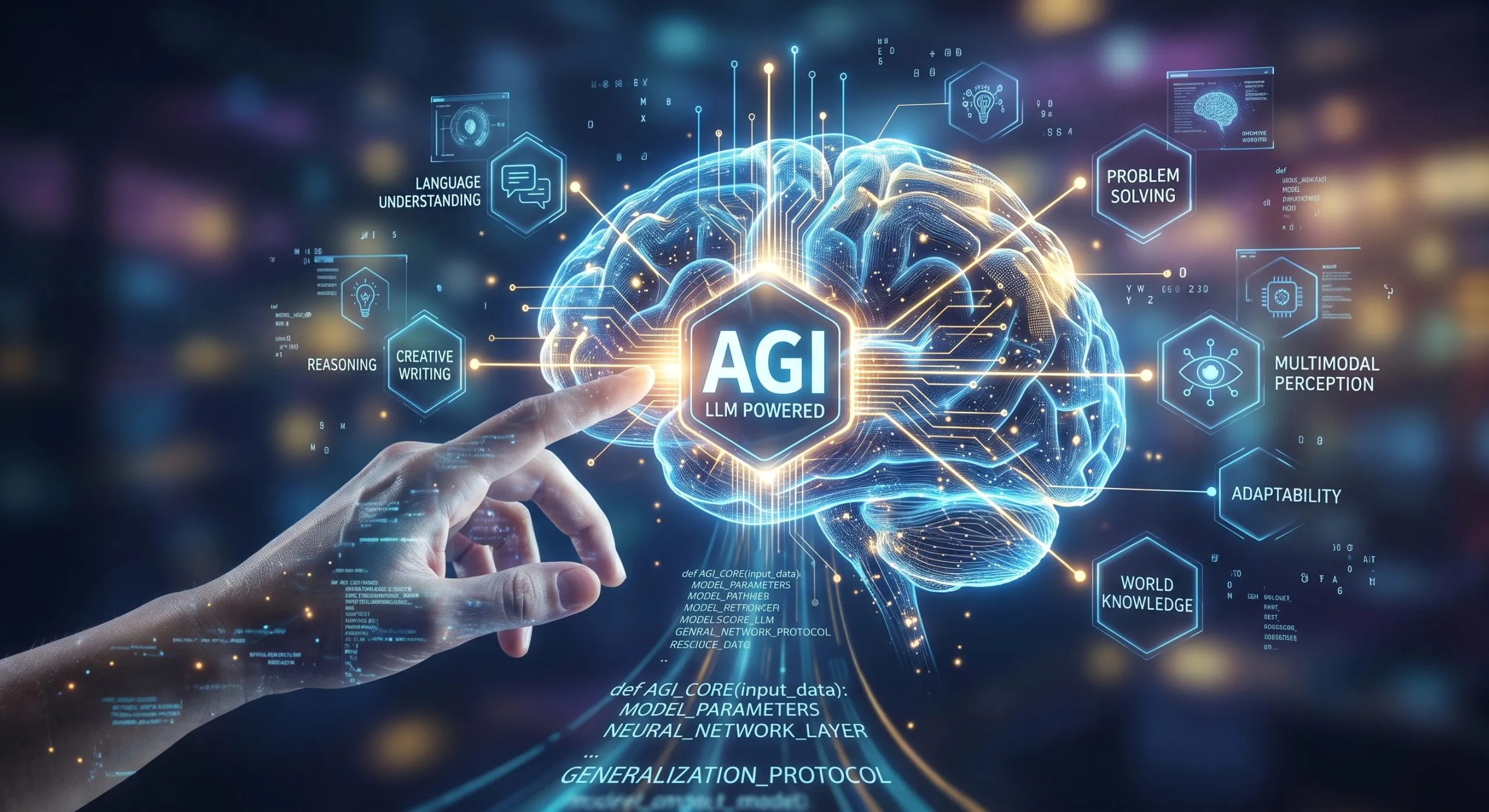 Representación conceptual de un cerebro digital con el rótulo AGI LLM Powered, rodeado de nodos que enumeran capacidades como language understanding, reasoning, problem solving y world knowledge